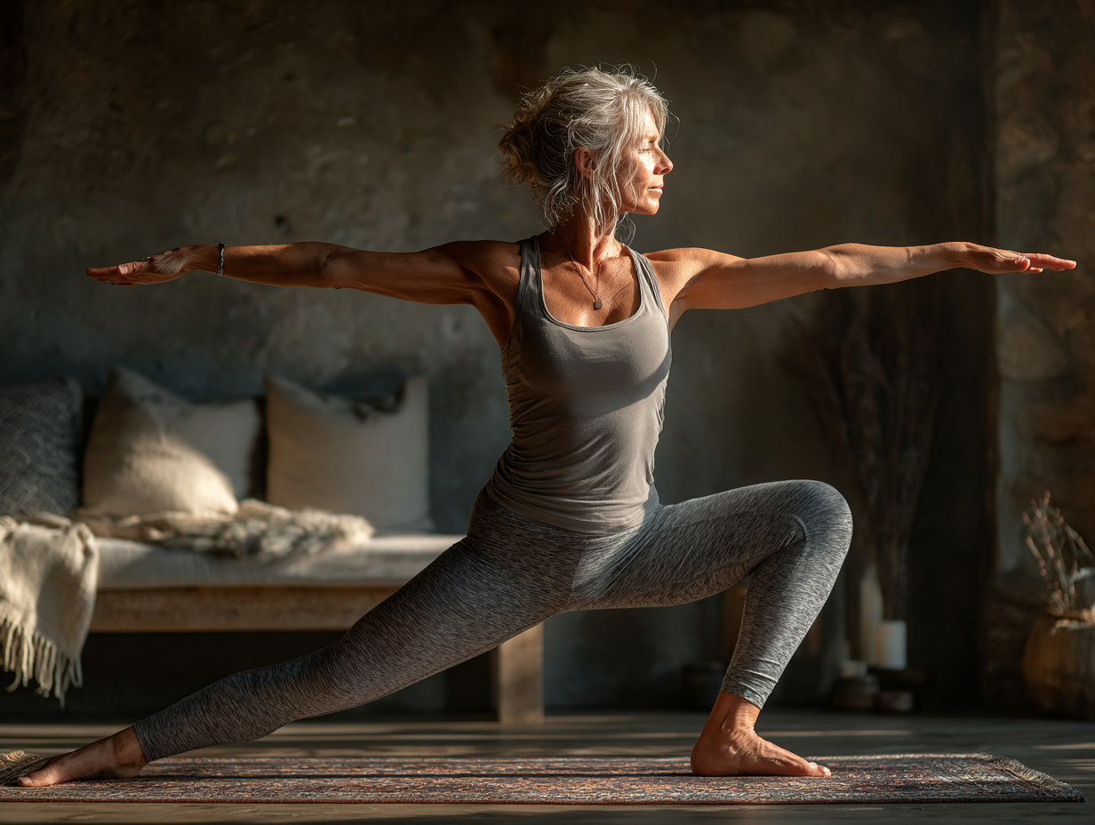 Persoană matură practicând yoga în natură